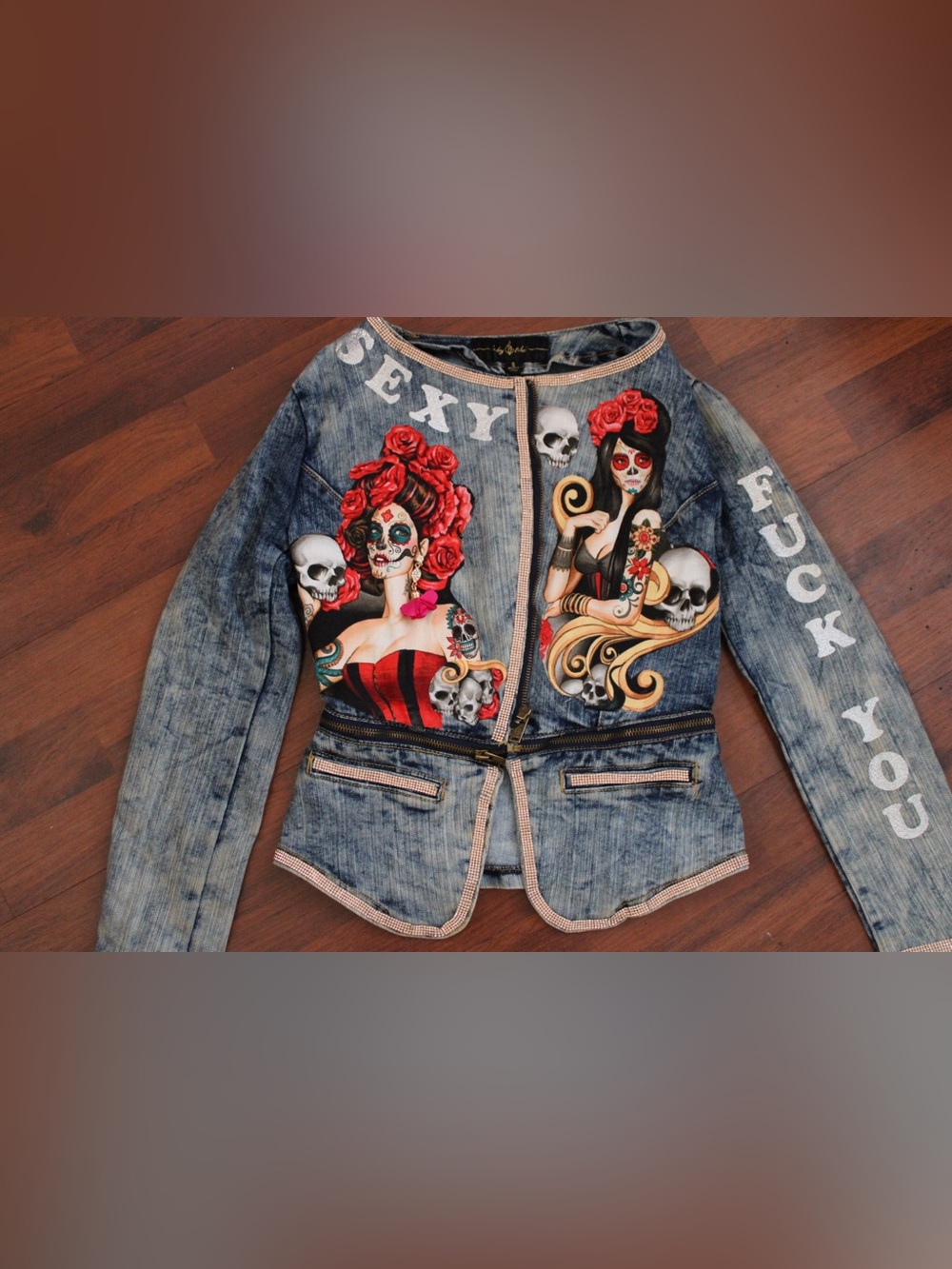 Denim Jacket with Vibrant Day of the Dead Art